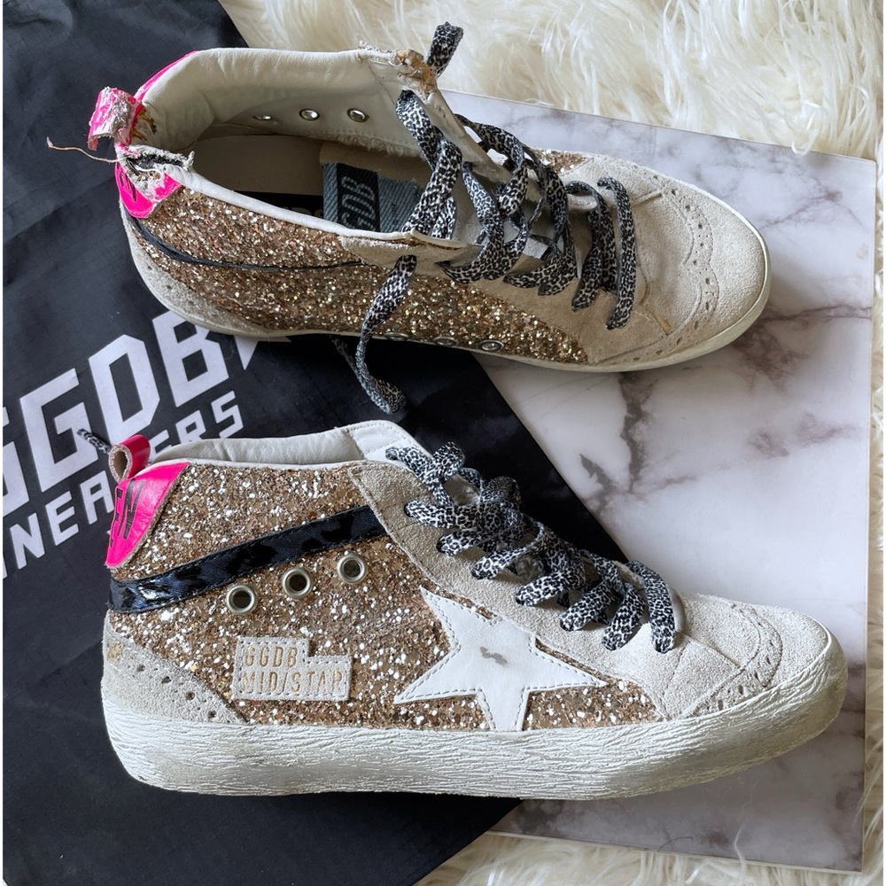 Authentic Golden Goose Mid Star Glitter Upper Maculated Print High top Sneakers - Picture 3 of 16